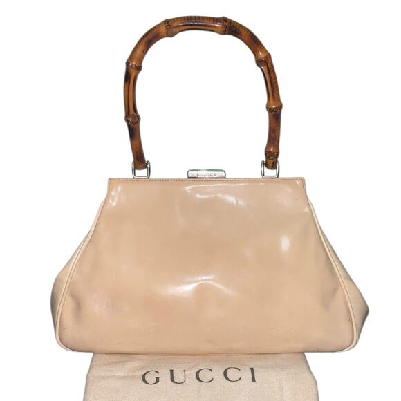 Vintage GUCCI Bamboo Light Beige Patent Leather Top-Handle Handbag - Picture 1 of 16
